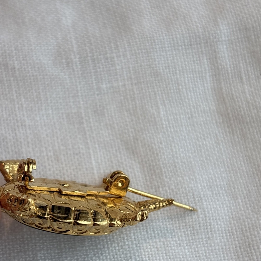 Damascene Turtle Brooch Etched Black Gold Birds & Flowers Toledo Spain 1.5" - Picture 5 of 9